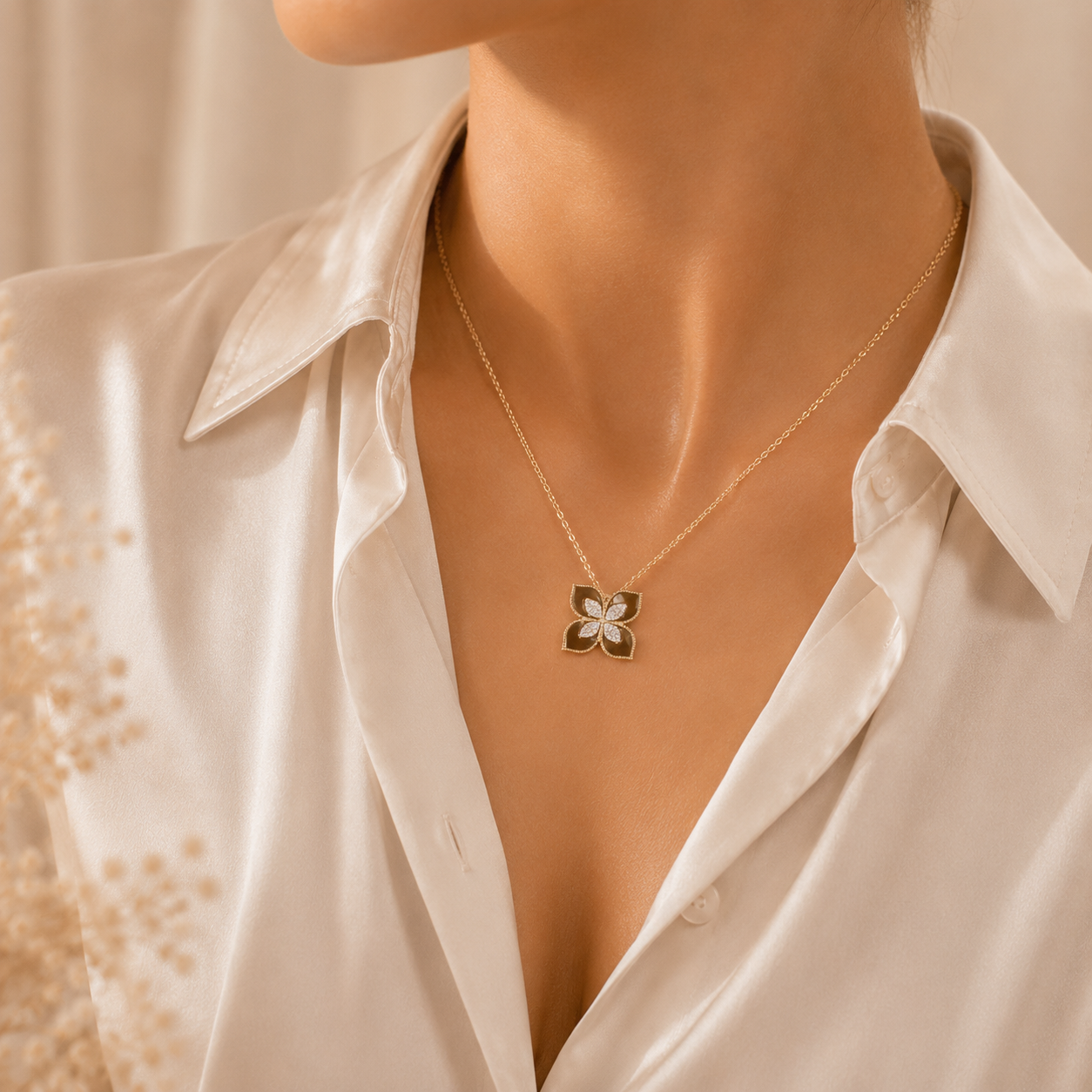 Collier élégant AMORYA JEWELS en finition dorée avec pendentif scintillant sur fond satiné ivoire